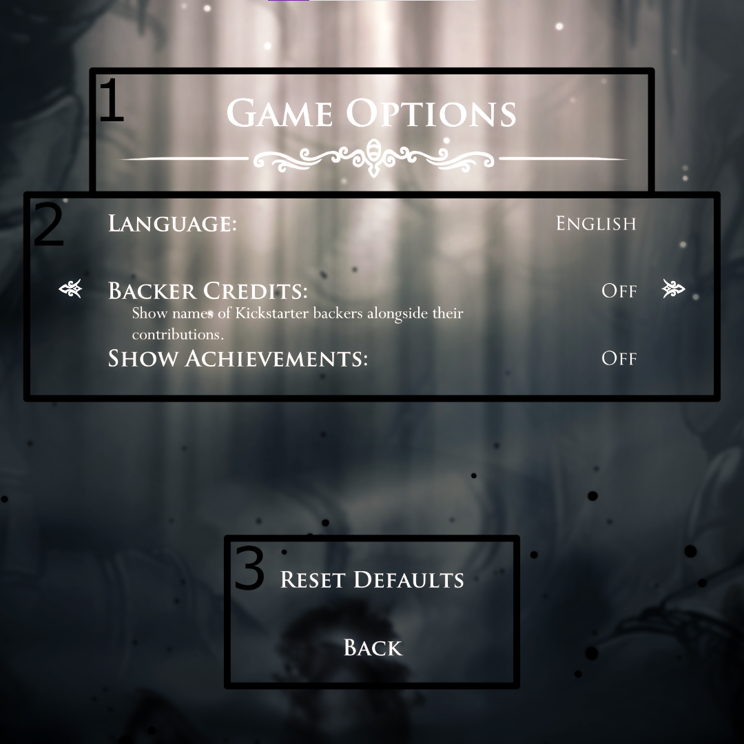 A Hollow Knight menu with 1: Title, 2: Content body, and 3: Control Buttons